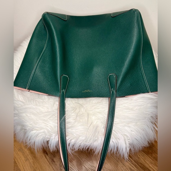 Tory Burch Perry Pebbled Leather in Green/Pink Reversible Laptop Bag Tote EUC - Picture 12 of 16